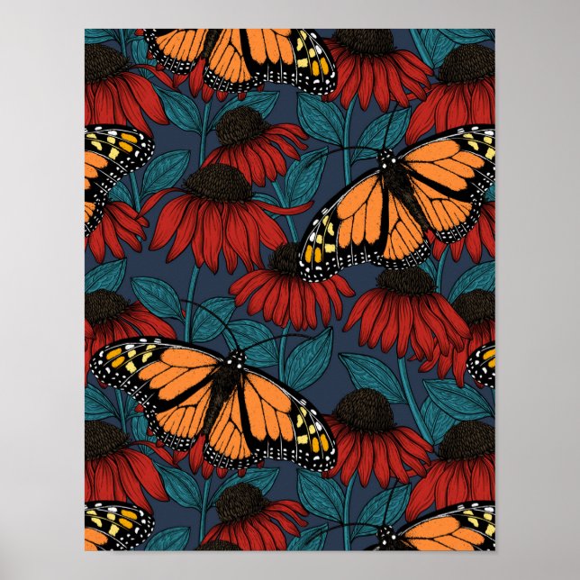 Monarch butterfly on red coneflowers poster (Vorne)