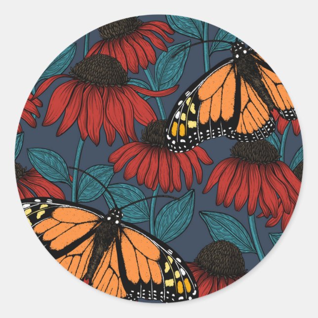 Monarch butterfly on red coneflowers runder aufkleber (Vorderseite)
