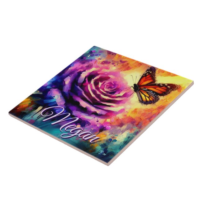 Monarch Butterfly on Rose at Sunset Personalized Fliese (Seite)