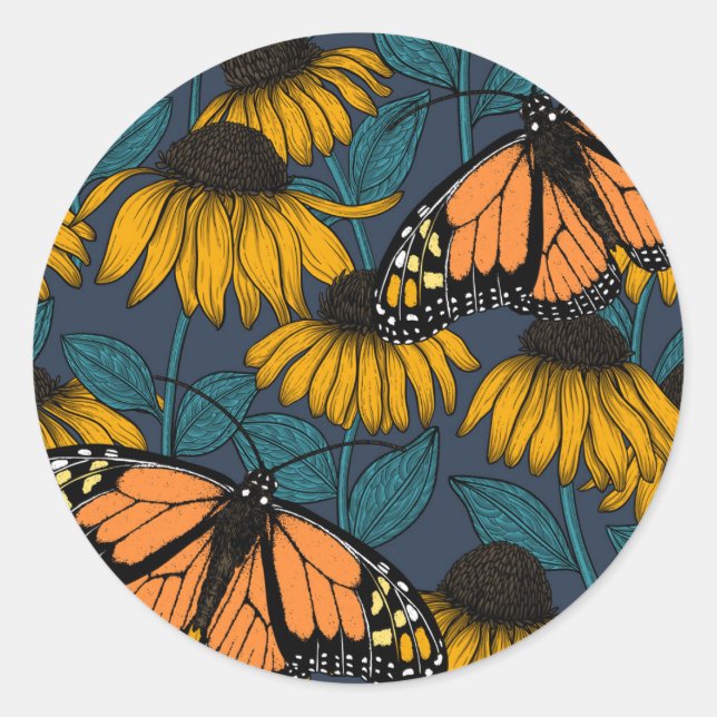 Monarch butterfly on yellow coneflowers runder aufkleber (Vorderseite)