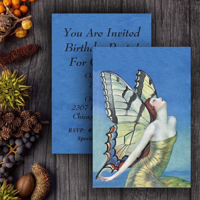 Monarch Butterfly Red Hair Vintag Fairy Birthday Einladung (Pretty monarch butterfly fairy in gold dress under blue sky on party invitations.)