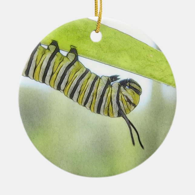 Monarch-Schmetterlings-Raupe, die einen Milkweed Keramikornament (Vorne)