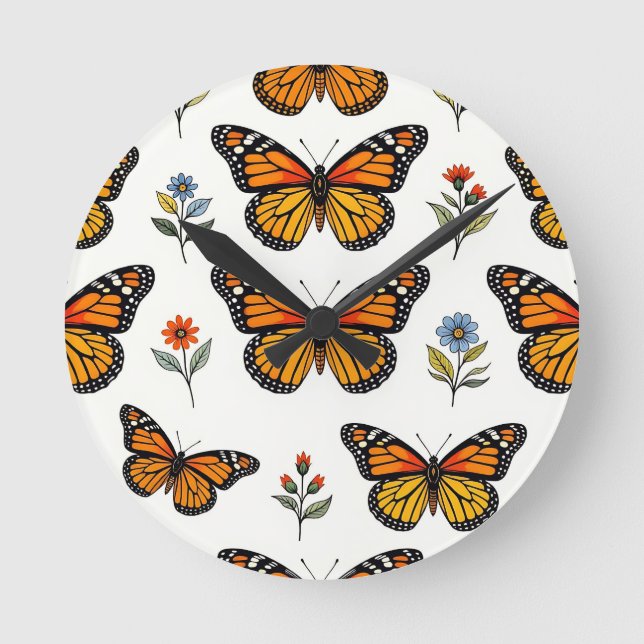 Monarchfalter-Blumenmuster Runde Wanduhr (Vorderseite)