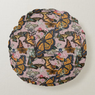 Monarchfalter & Florales Botanisches Muster Rundes Kissen