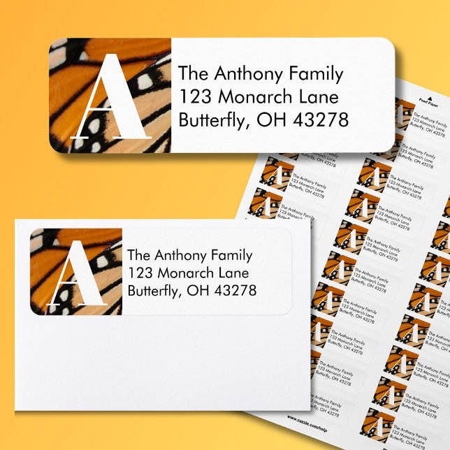 Monarchfalter-Flügel-Rücksendeadresse (Monarch Butterfly Return Address Labels with Monogram Initial is a beautiful addition for your mail.)