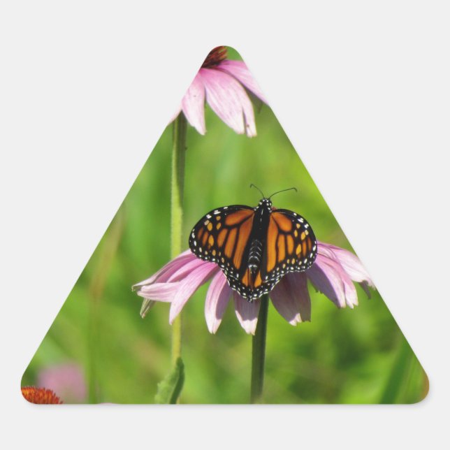 Monarchschmetterling auf einem lila Pflaster Dreieckiger Aufkleber (Vorderseite)
