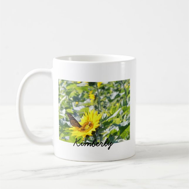 Monarchschmetterling auf Sonnenblumekaffee-Tasse Kaffeetasse (Links)