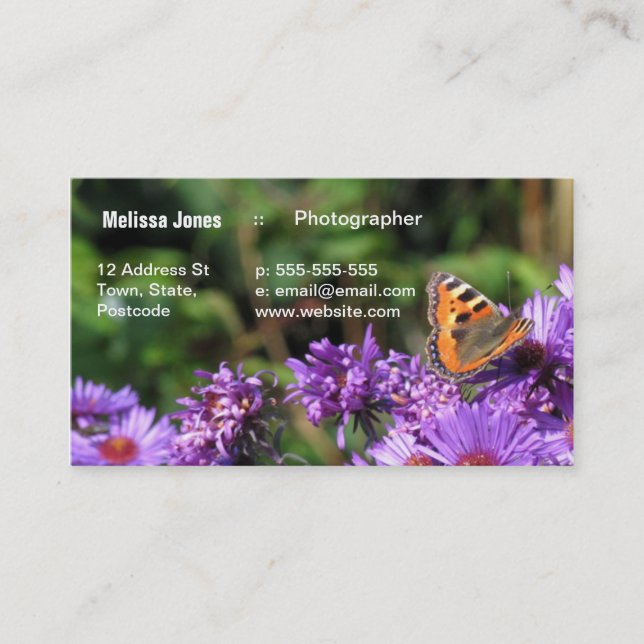 Monarchschmetterling und lila Blumen Visitenkarte (Vorderseite)
