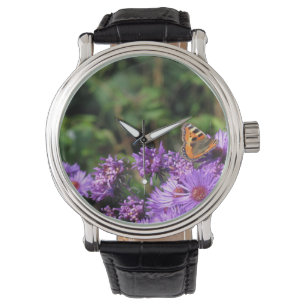 Monarchschmetterling und violette Blumen Armbanduhr