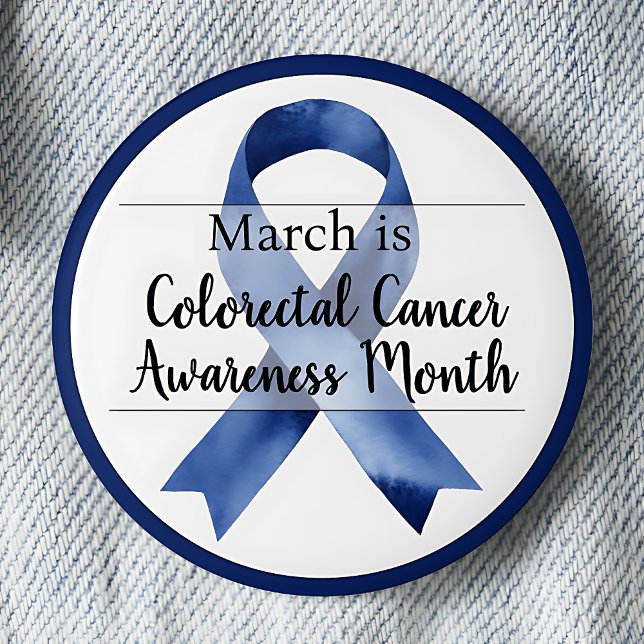 Monat der Sensibilisierung für den März Button (Blue awareness ribbon. March is Colorectal Cancer Awareness Month pinback button.)