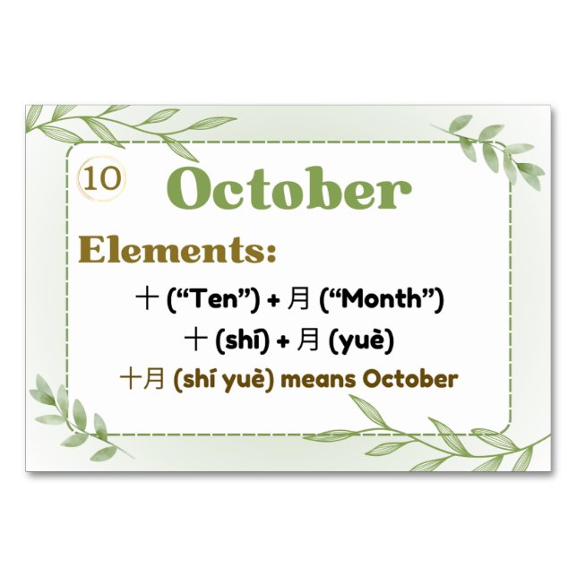 Monate auf Chinesisch (Flash Cards) Tischnummer (Vorderseite)