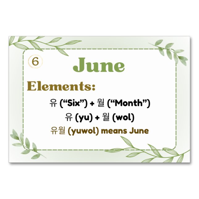 Monate in koreanischer Hangul (Flash Cards) Tischnummer (Vorderseite)