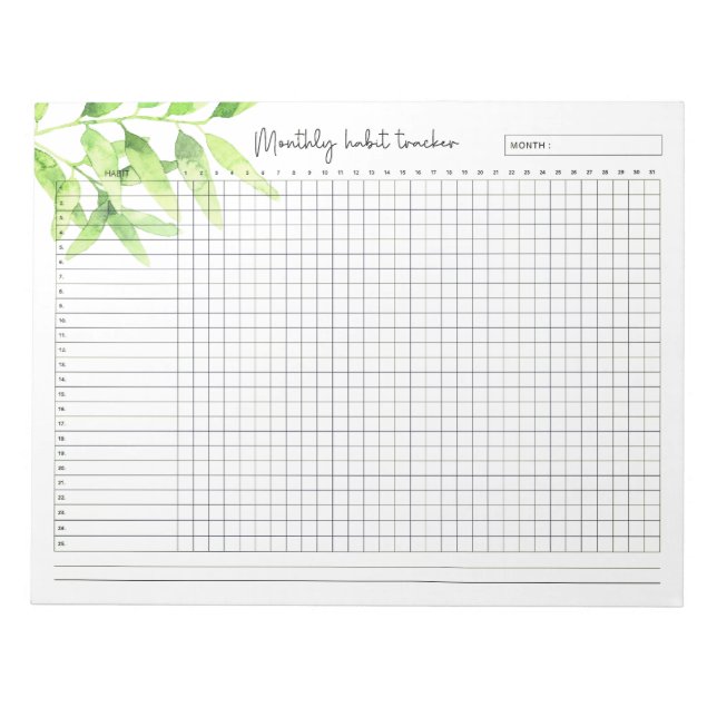 Monatliche Habit-Tracker-Aquarell-Grüne Blätter Notizblock (Vorderseite)