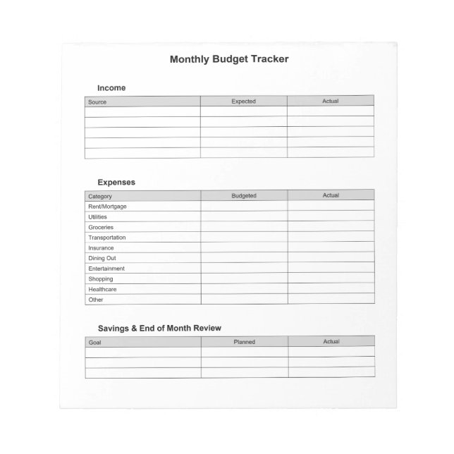 Monatlicher Budget-Tracker Notizblock (Vorderseite)