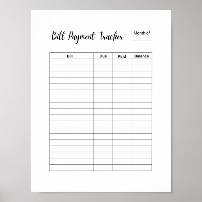 Monatlicher Rechnungszahlungs-Tracker-Log Poster (Vorne)