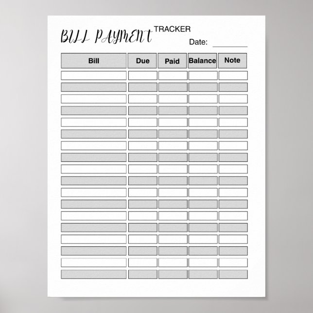 Monatlicher Rechnungszahlungs-Tracker-Log Poster (Vorne)