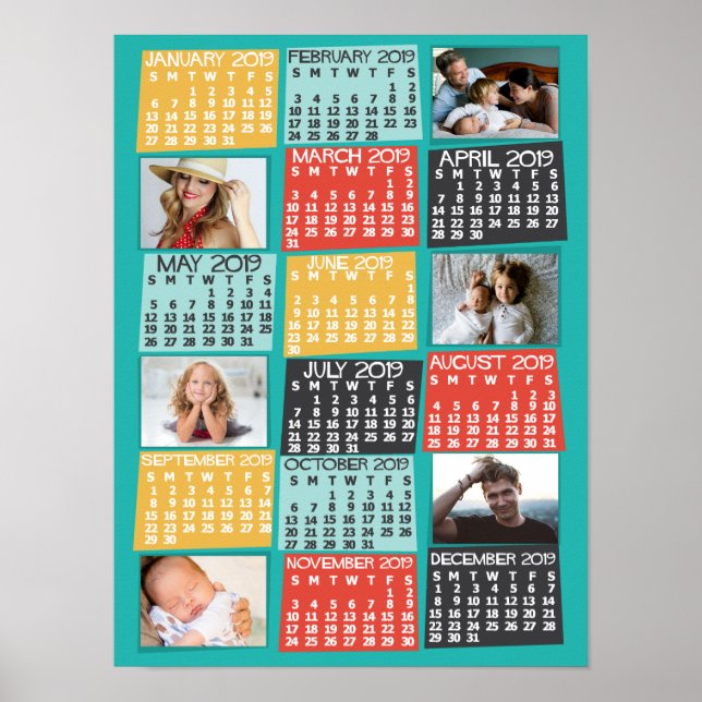 Monatskalender 2019 Modernes FotoCollage Poster (Vorne)