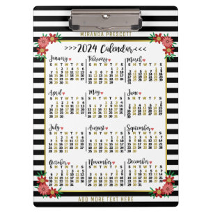 Monatskalender 2024 Blumenmuster   Benutzerdefinie Klemmbrett
