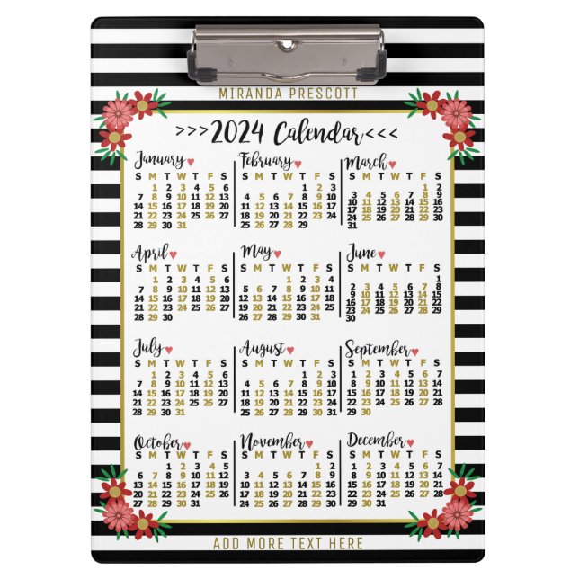 Monatskalender 2024 Blumenmuster | Benutzerdefinie Klemmbrett (Vorderseite)