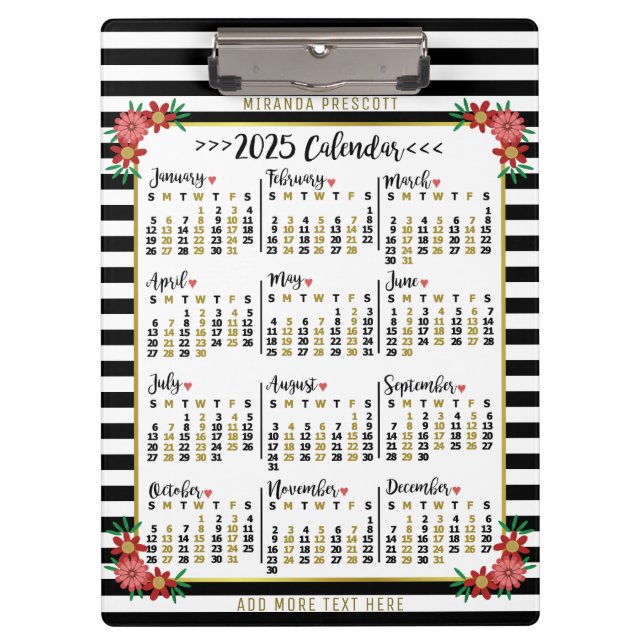 Monatskalender 2025 Blumenmuster | Custom Klemmbrett (Vorderseite)