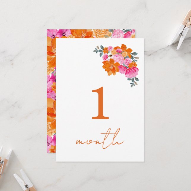 Monatskartentafel "Pink Orange Floral" Einladung (Vorderseite/Rückseite Beispiel)