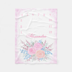 Monatsmilestone Watercolor Pink Roses Baby Girl Fleecedecke