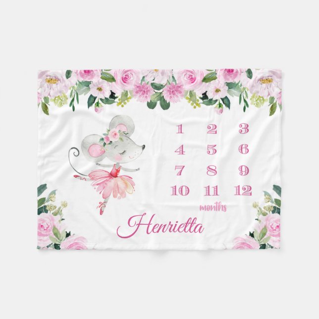 Monatswachstumspur der rosa Maus Ballerina  Fleecedecke (Vorderseite (Horizontal))