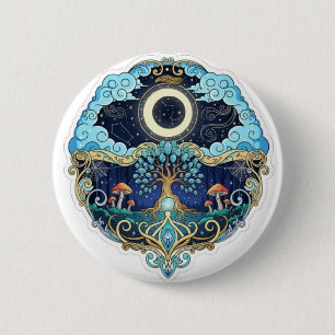 Mond & Baum des Lebens Nacht-Fantasie-Kunst Button