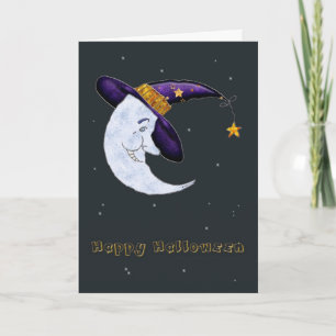 Mond in einer Hexenhut-Halloweenkarte Karte