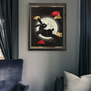 Mond-Jahr des Kaninchens Schwarz Rot Gold Poster