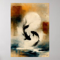 Mond Koi Japanische Sumi-E Abstrakte Fischwandkuns