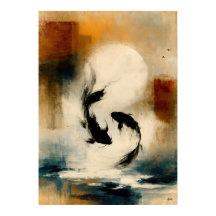 Mond Koi Japanische Sumi-E Abstrakte Fischwandkuns