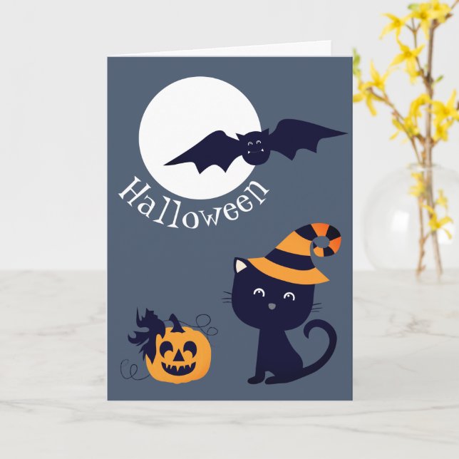 Mond mit Bat Pumpkin und Katze mit einem Hexenhut Karte (Gelbe Blume)