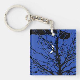 Mond mit Baum, Kobalt Blau, Schwarz und Weiß Schlüsselanhänger