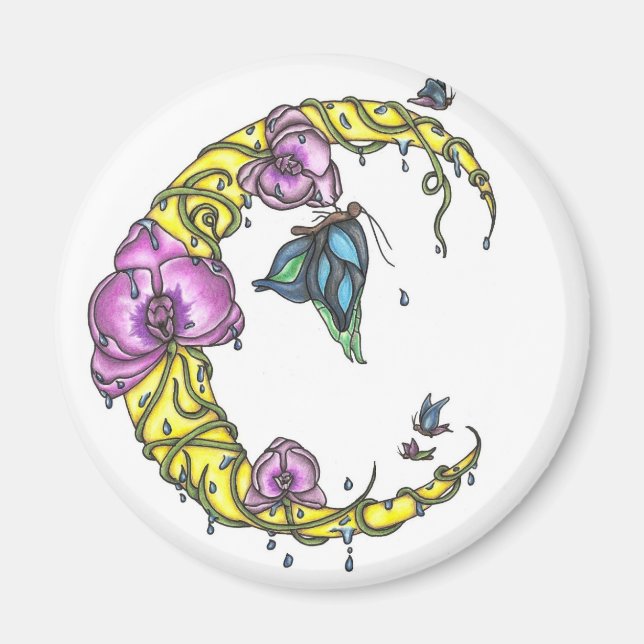 Mond mit Orchideen und Schmetterlingsmagneten Magnet (Vorne)