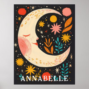 Mond Nachthimmel Boho Blumenillustration Vorname Poster