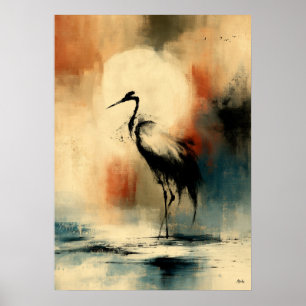 Mond Sagi japanische Sumi-E-Abstrakt-Reiher-Wandku Poster