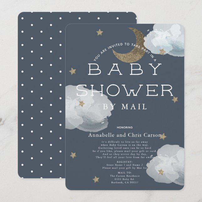 Mond, Stars & Clouds Navy Baby Dusche by Mail Einladung (Vorne/Hinten)