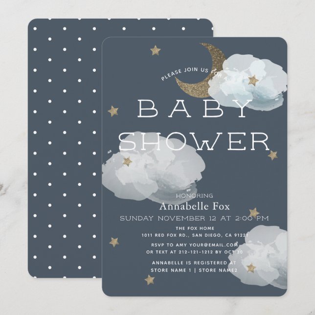 Mond, Stars & Clouds Navy Baby Shower Einladung (Vorne/Hinten)
