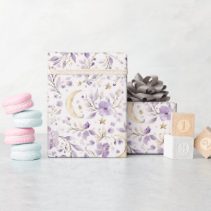 Mond Sterne & lila Blumen Baby Shower Geschenkpapier