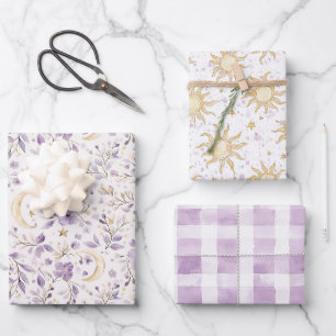Mond Sterne & lila Blumen Baby Shower Geschenkpapier Set