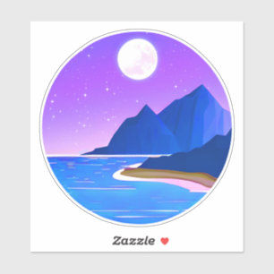 Mond, Sterne Meer und Berge in Violet und Blau Aufkleber