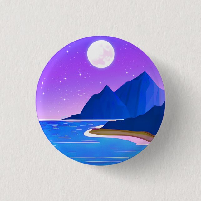 Mond, Sterne Meer und Berge in Violet und Blau Button (Vorderseite)