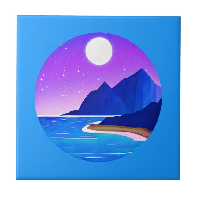 Mond, Sterne Meer und Berge in Violet und Blau Fliese (Vorderseite)