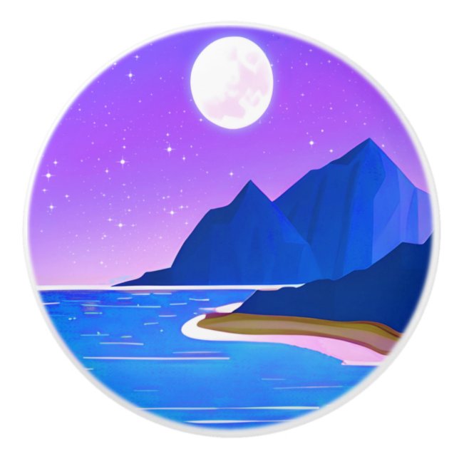 Mond, Sterne Meer und Berge in Violet und Blau Keramikknauf (Vorderseite)