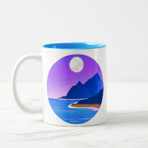 Mond, Sterne Meer und Berge in Violet und Blau Zweifarbige Tasse
