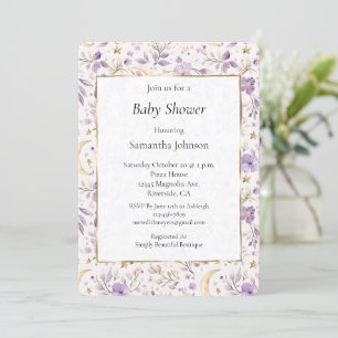 Mond Sterne & violette Blumen Baby Shower Einladung