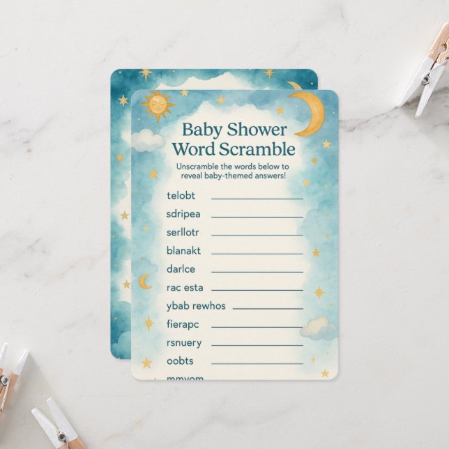 Mond, Sterne & Whimsical Word Scramble Baby Dusche Einladung (Vorderseite/Rückseite Beispiel)