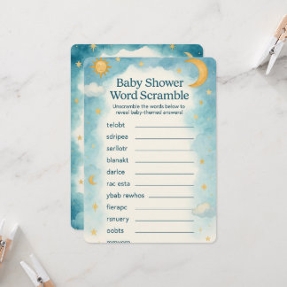 Mond, Sterne & Whimsical Word Scramble Baby Dusche Einladung