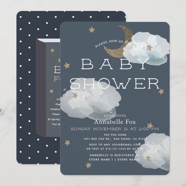 Mond, Sterne & Wolken Navy Baby Dusche Einladung (Vorne/Hinten)